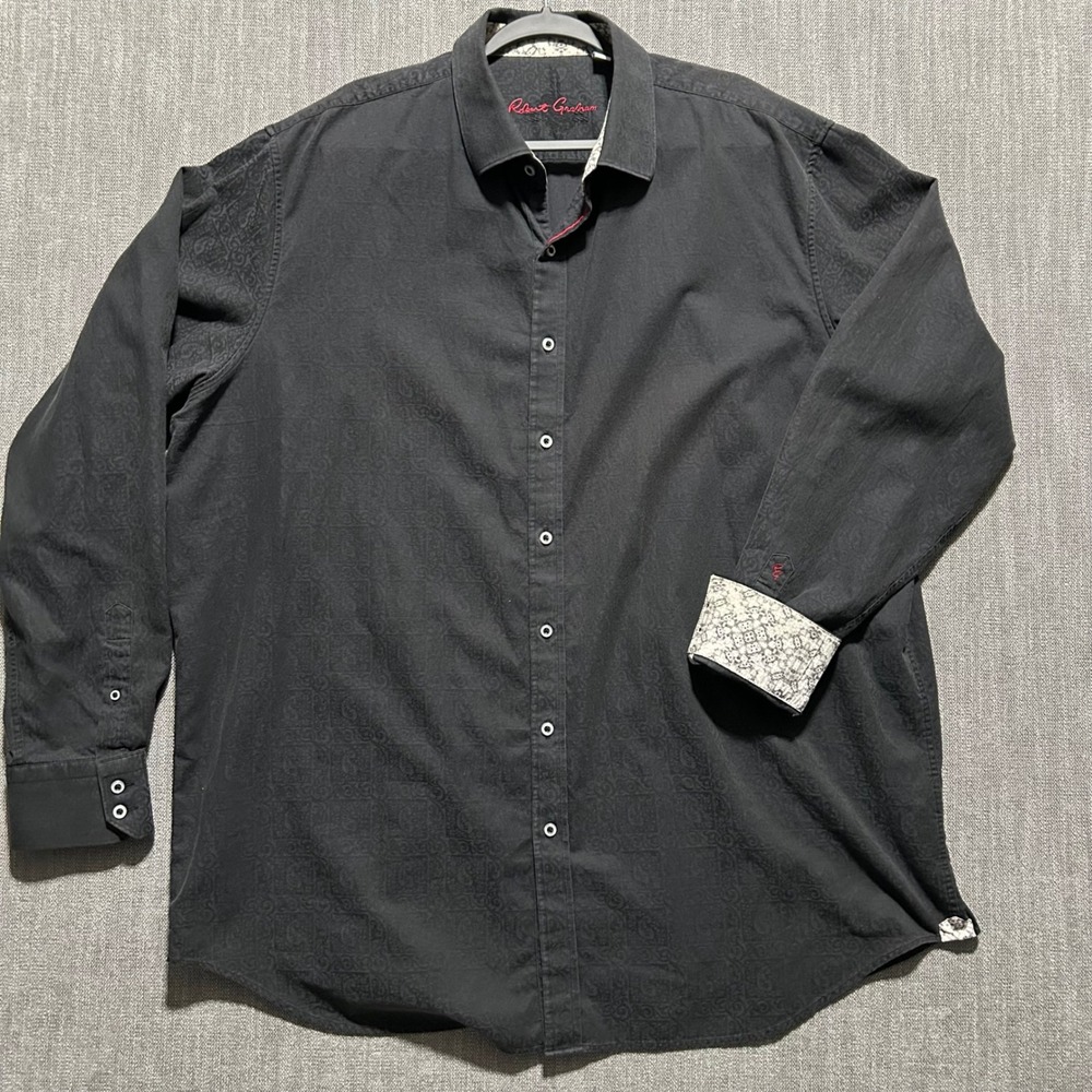 Robert Graham Mens 2XLT Black Jacquard Paisley Buttoned Shirt Long Sleeve Tall